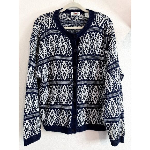 Marsh Landing Vintage Nordic Blue White Knit Grandpa Cardigan Large - Picture 1 of 7